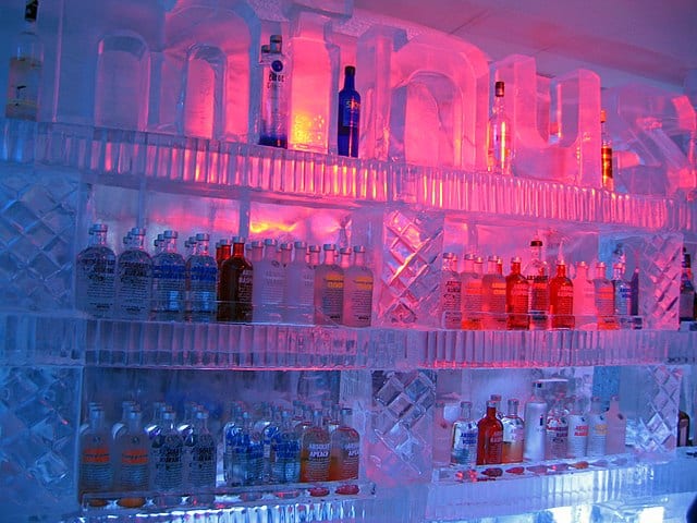 Bottles of Vodka displayed on the ice shelf of Minus 5 Ice Bar.