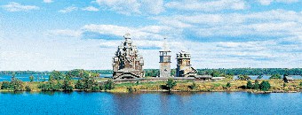 A view of the Kizhi Pogost, a wooden architecture in Kizhi Island, which can be seen along the Svir River during a river cruise.