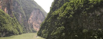 A small boat cruising along the Yangtze River situated between two huge cliffs covered in vegetation and trees.