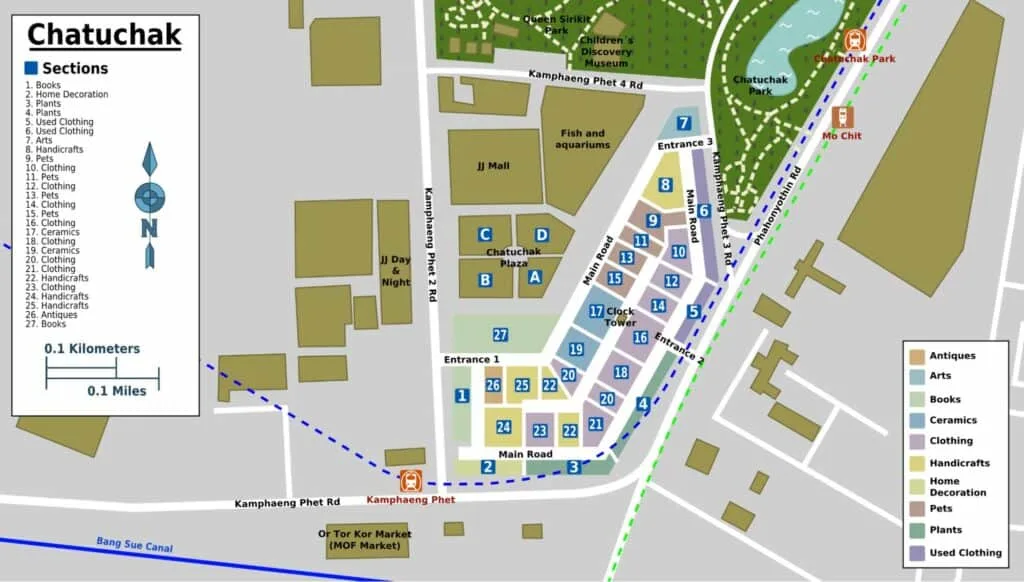 A map of Chatuchak Market colour-coded with numbered sections for books, home decorations, plants, used clothing, handicrafts, arts, and many other stalls.