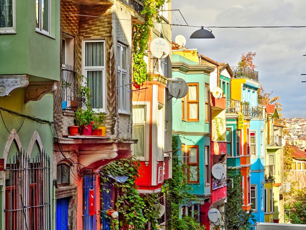 Colorful houses line a street in Balat