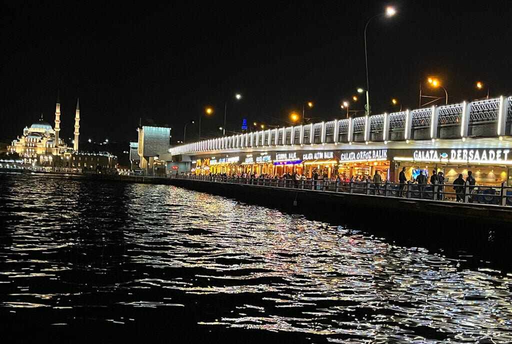 Restaurants along Galata Bridge at night