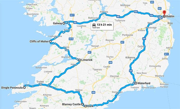 Driving map southern Ireland from Dublin to Galway