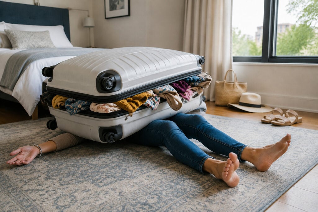 Woman lying under suitcase stuffed with clothes