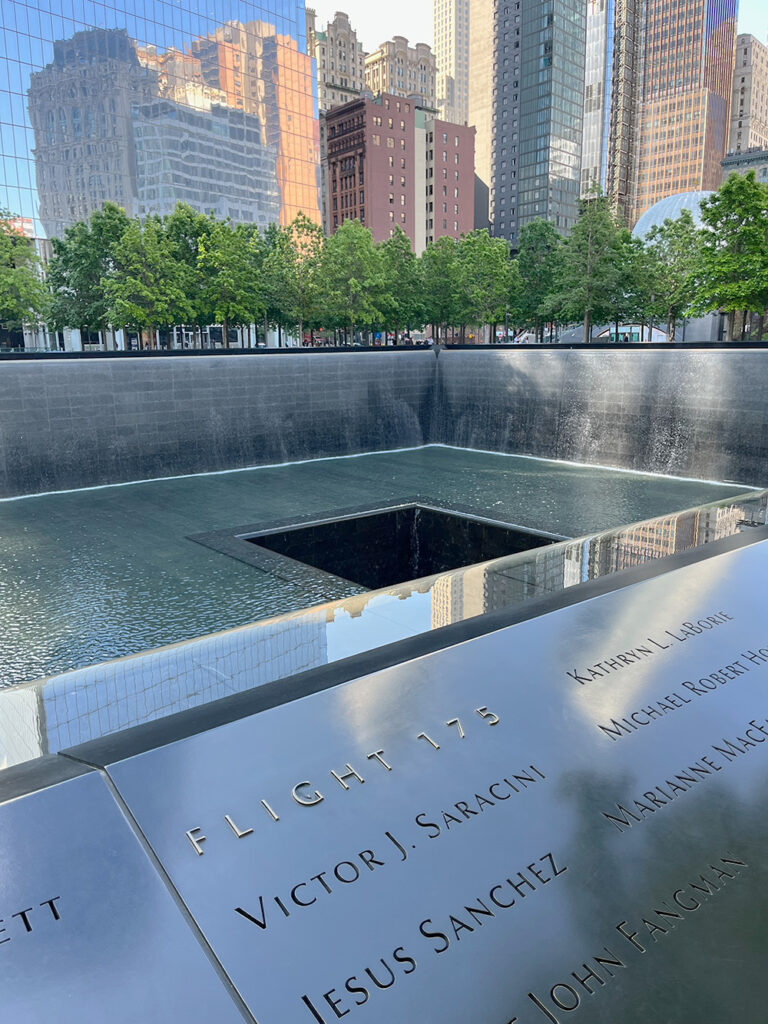 Standing in front of the 911 memorial to those who died on Flight 175