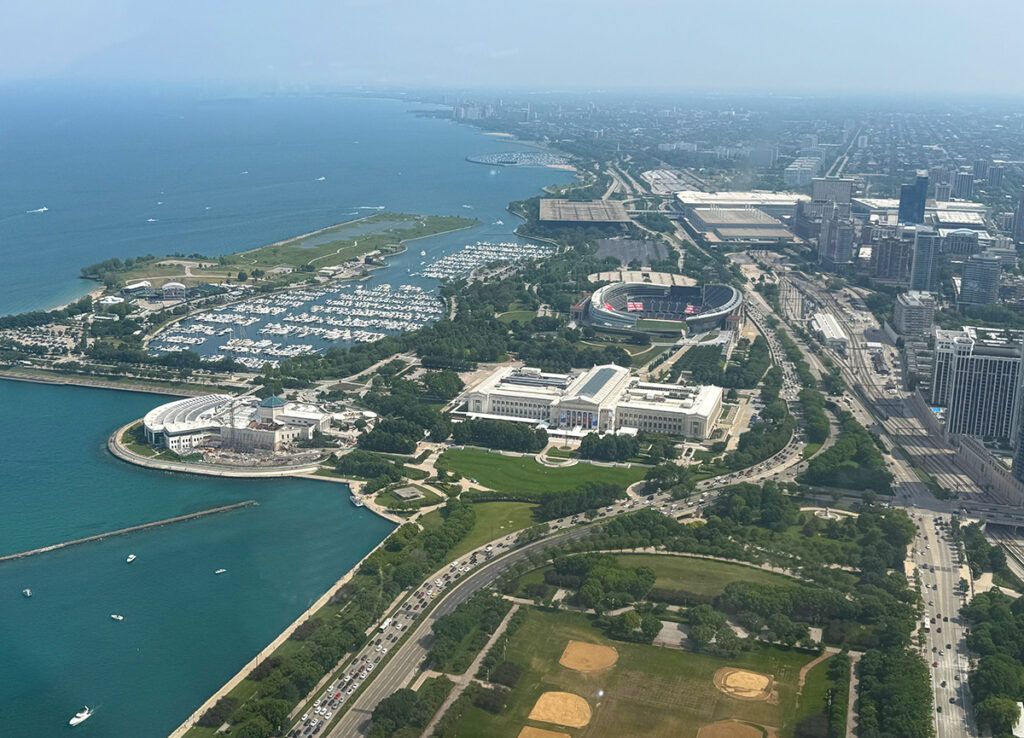 View over Chicago from helicopter