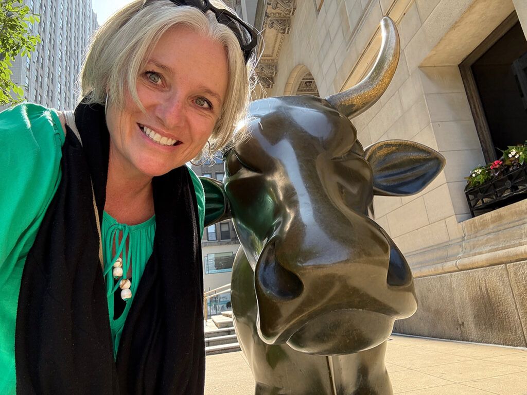 Megan with bull sculpture