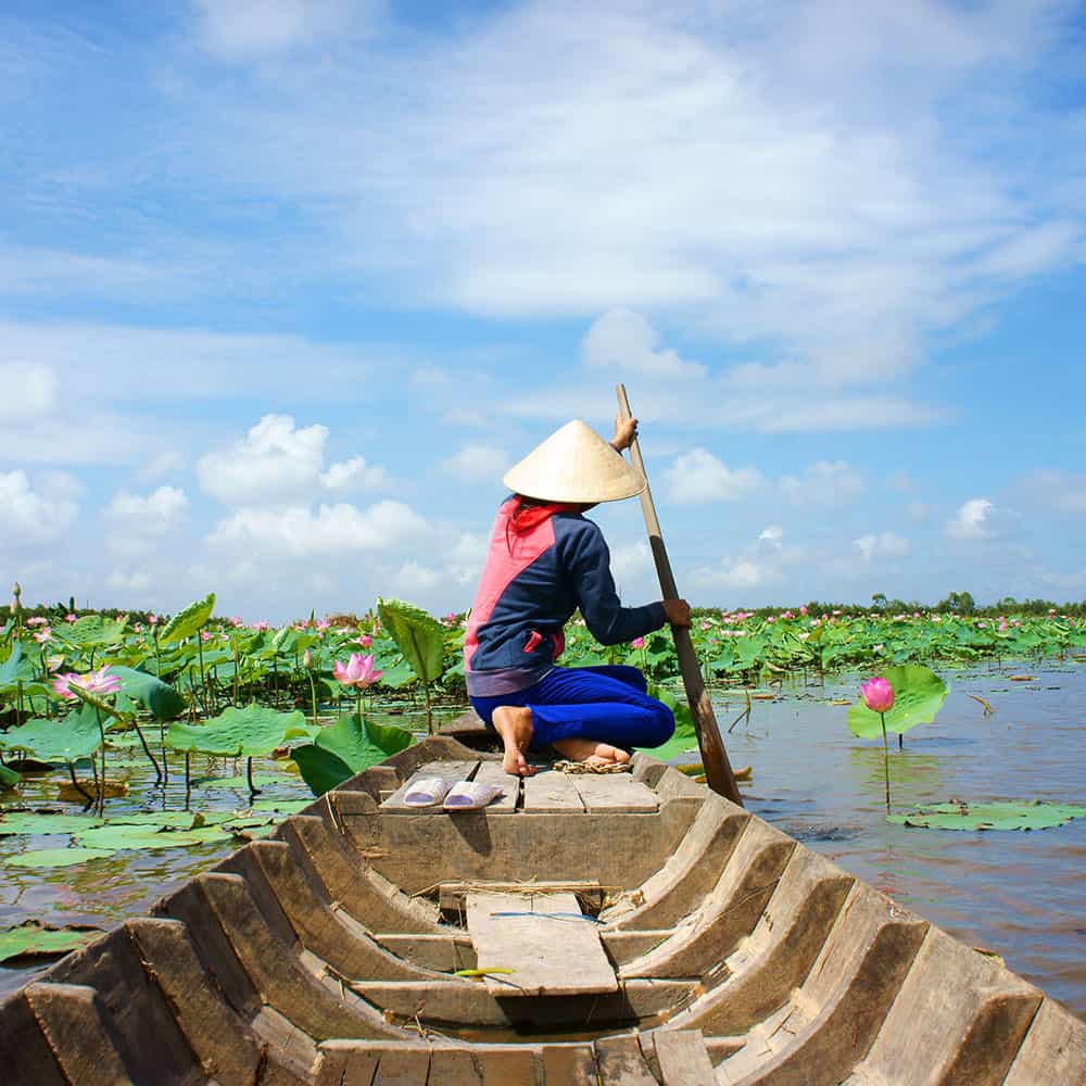 Woman rowing on waterlily pond