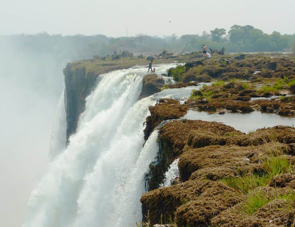 Crazy tourists in the Devil's Pool, on the edge of Victoria Falls