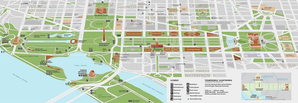 A Map of National Mall showing the Lincoln Memorial and Grounds, Potomac River, Korean War Veterans Memorial, and other surrounding attractions.