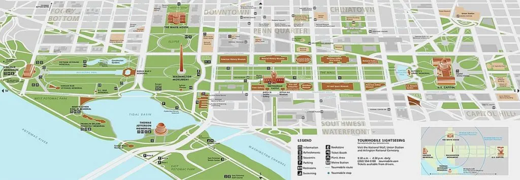 A Map of National Mall showing the Lincoln Memorial and Grounds, Potomac River, Korean War Veterans Memorial, and other surrounding attractions.