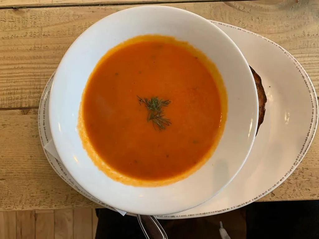 Delicious tomato and basil soup at Mystic Cafe