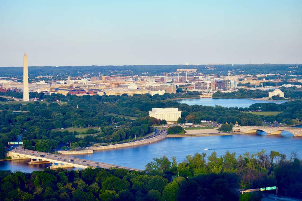 Aerial view of Washington DC with Lincoln Memorial in front