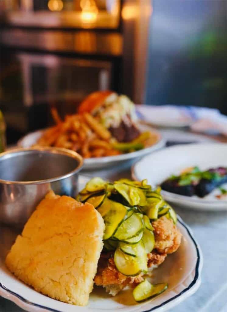 Buttermilk fried chicken, biscuits and pickles