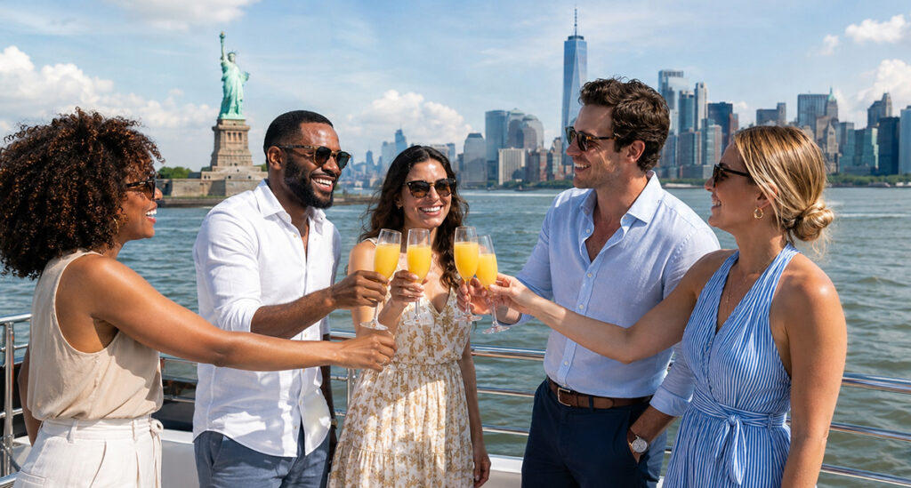 Mimosas on a brunch cruise with New York skyline and Statue of Liberty in view