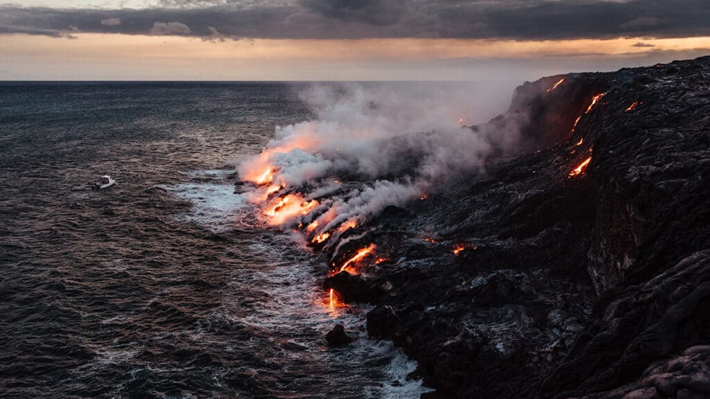 Lava hitting the ocean from Mt Kilauea, Hawaii
