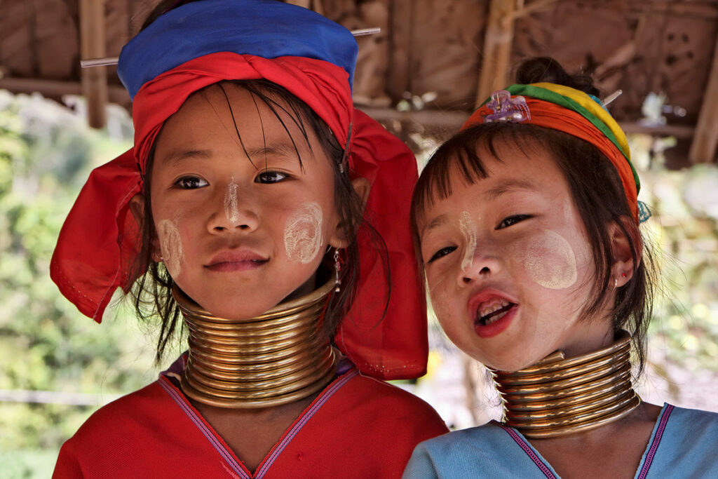 Girls of the Karen Tribe wear neck rings to elongate their necks.