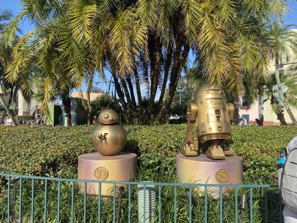 BB-8 and R2D2 gold statues for the 50th