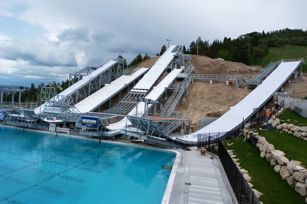 Ski training ramps into a pool at Olympic Park