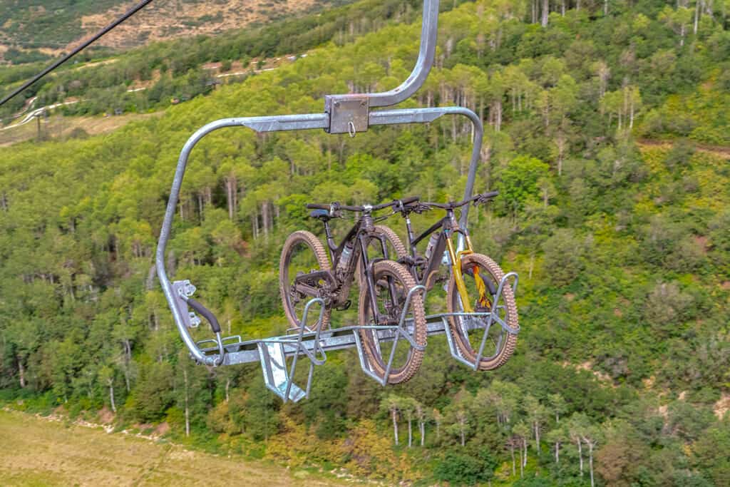 Bikes going up on a gondola