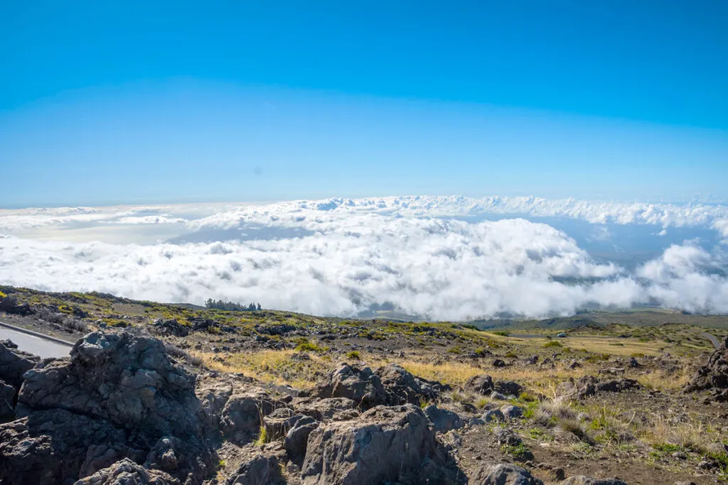 Through the clouds looking over Maui from the top of Haleakala