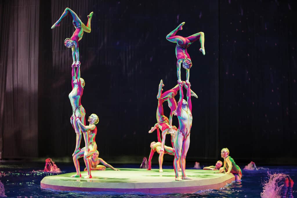 Acrobats on stage and in water at "O" Cirque du Soleil