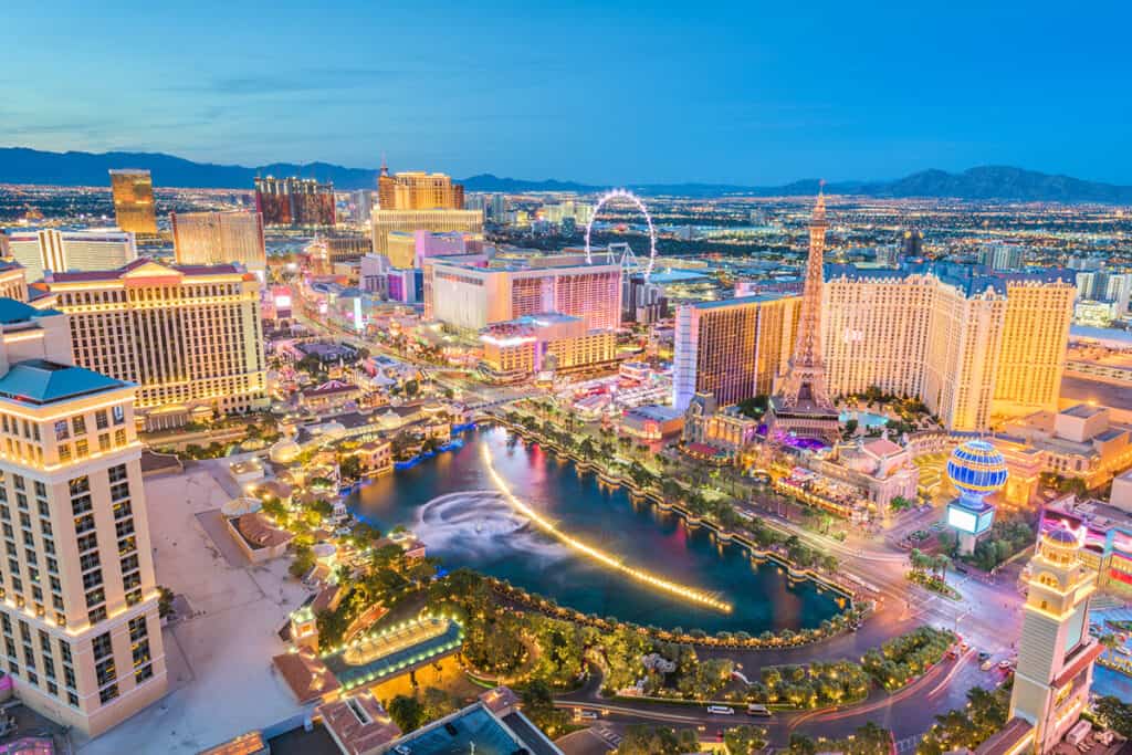 View over Bellagio fountains to Paris Hotel on the Las Vegas Strip