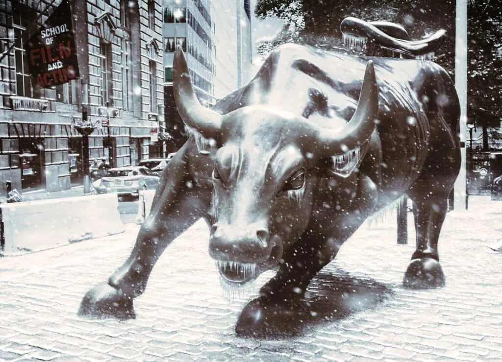 Wall Street Bull covered in ice