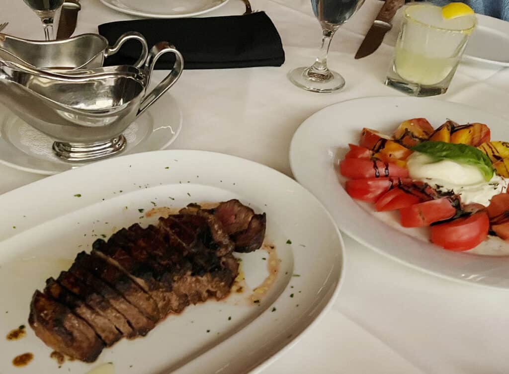 Sliced medium/rare steak at Maestro's