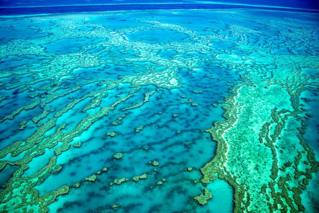 Amazing aerial view of the Great Barrier Reef coral