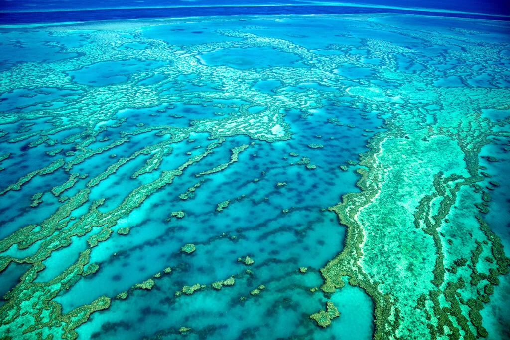 Amazing aerial view of the Great Barrier Reef coral