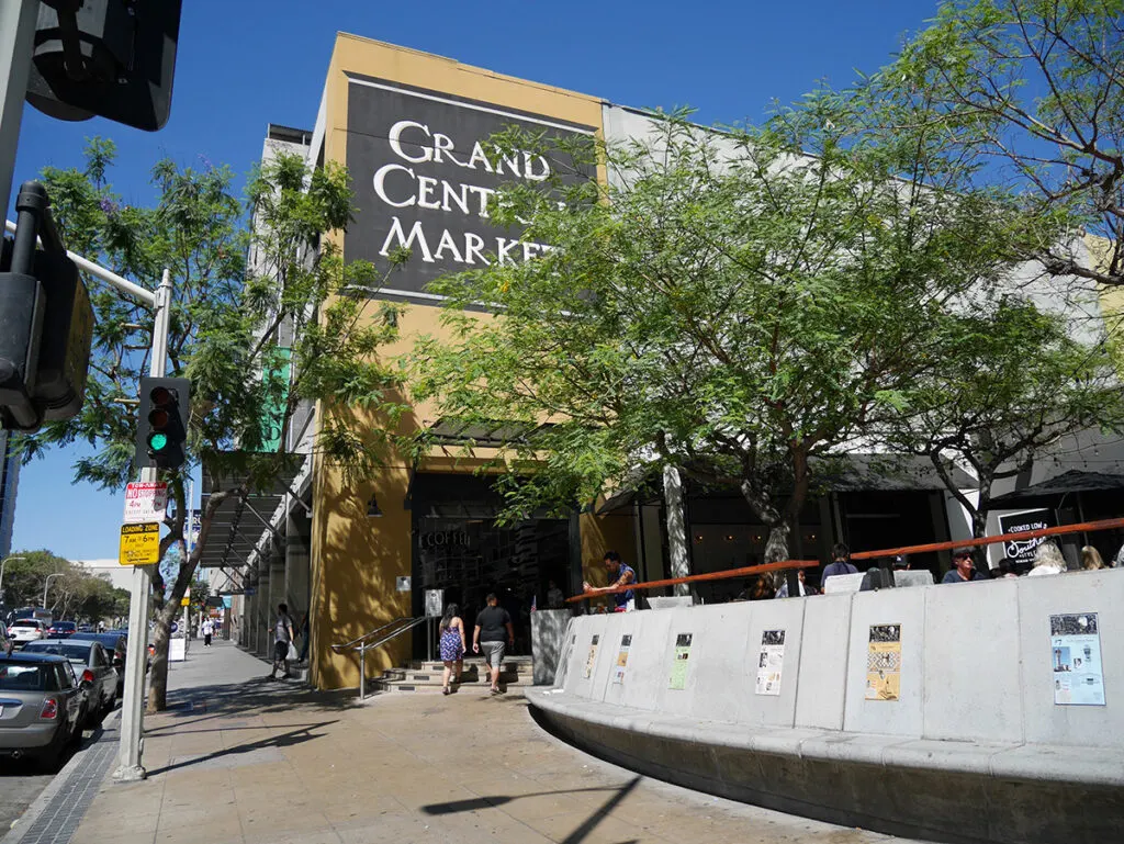 Seating area out front of Grand Central Market entrance