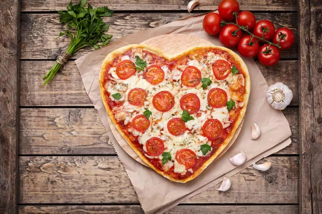 Heart shaped Valentine's Day pizza