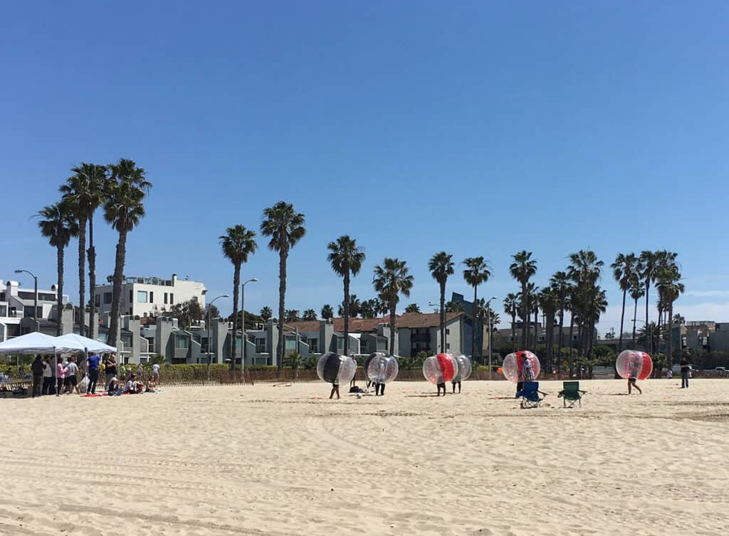 A game of Zorb Football on Venice Beach