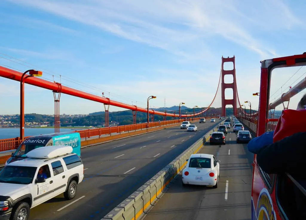 Taking the sightseeing bus over Golden Gate Bridge
