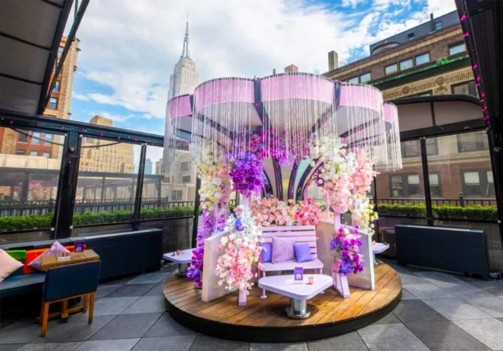 Moxy NYC Times Square rooftop with flower booth