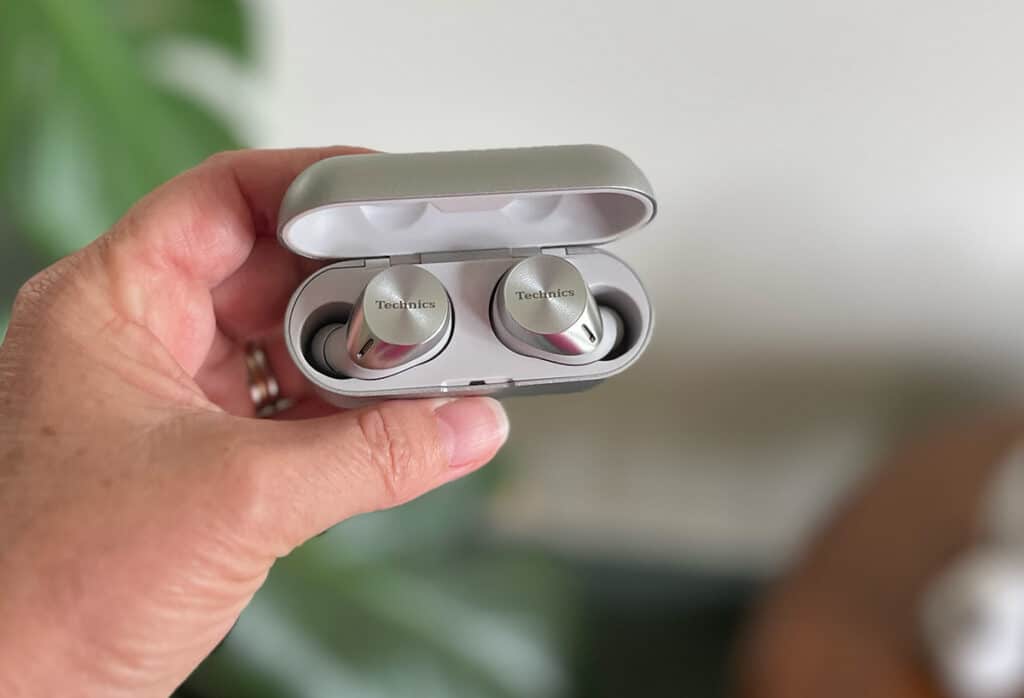 Technics AZ60 earbuds in their charging case