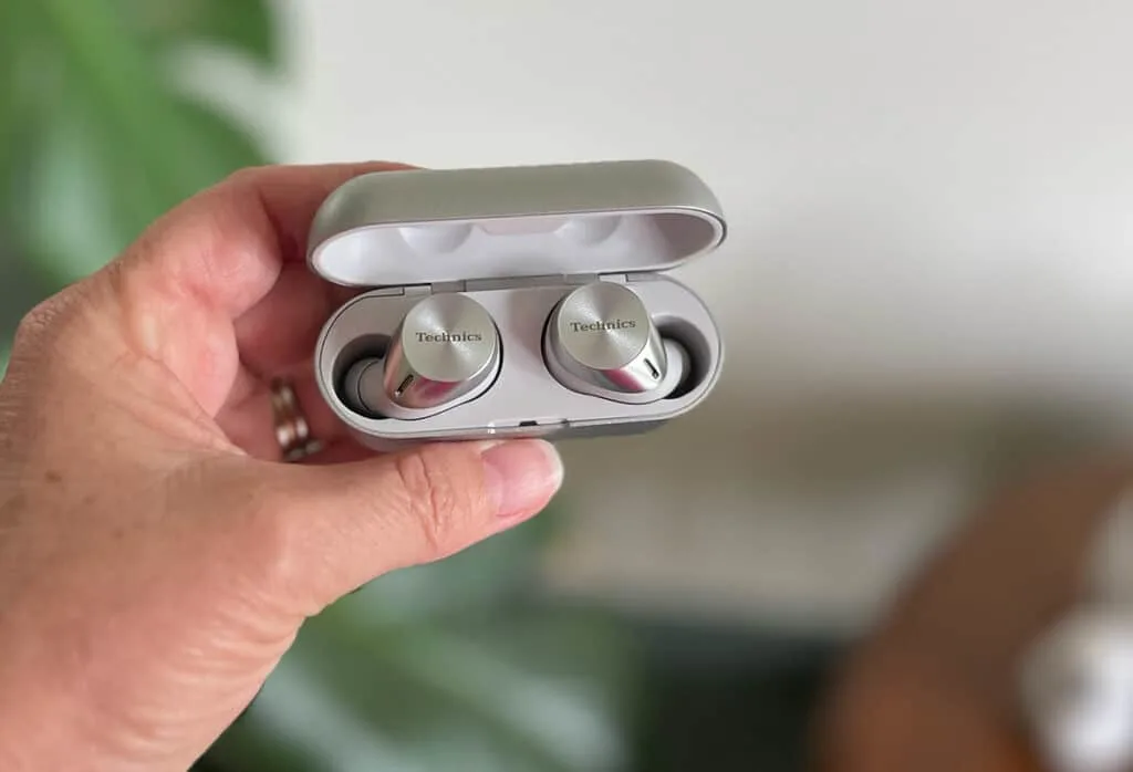 Technics AZ60 earbuds in their charging case