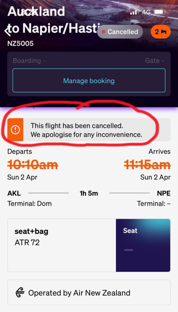 Cancelled flight on Air NZ app