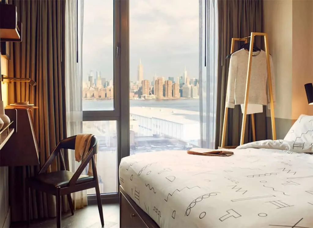 Hoxton hotel room with view of NYC skyline
