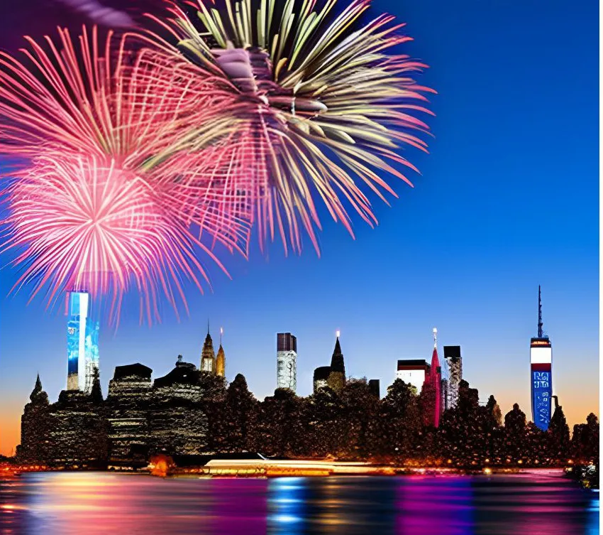 Fabulous New York hotels to see New Year's Eve fireworks! 2 Fireworks over NYV created in AI