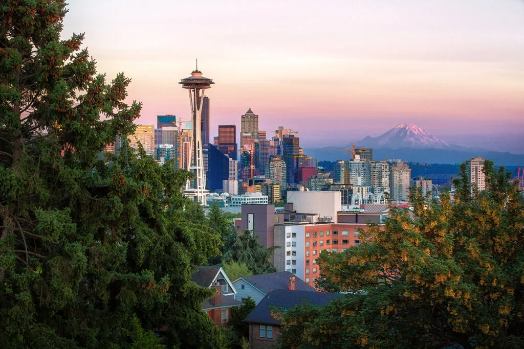 A stunning shot of Seattle with Mt Rainier in the background