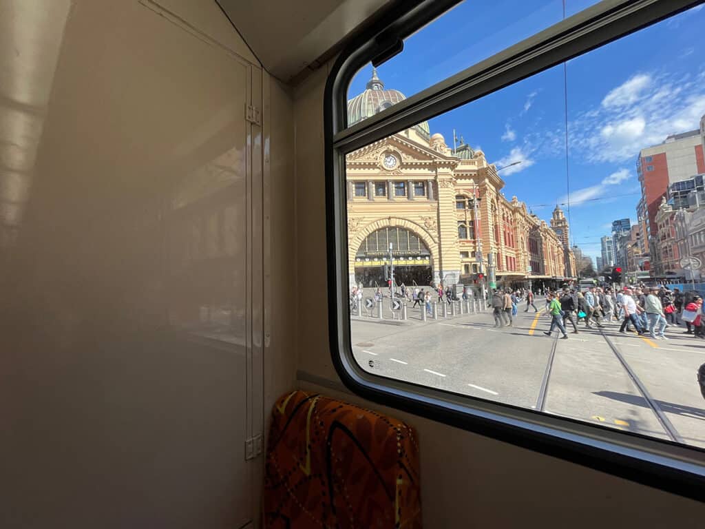 On the tram at Flinders Station