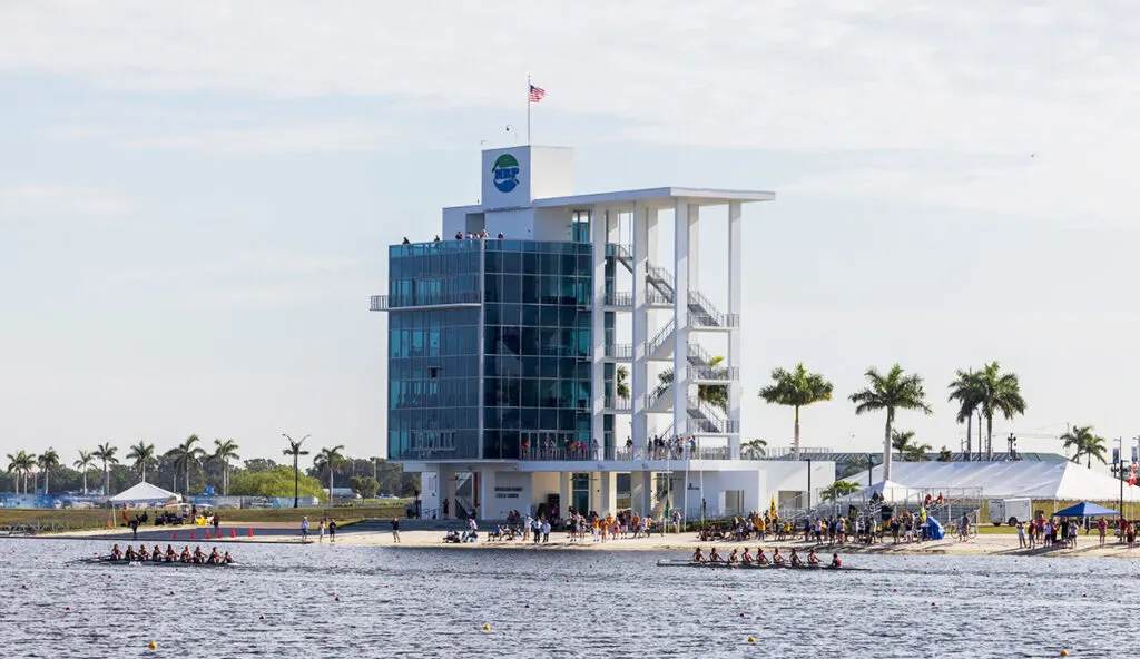 Rowers in front of Nathan Benderson Park 