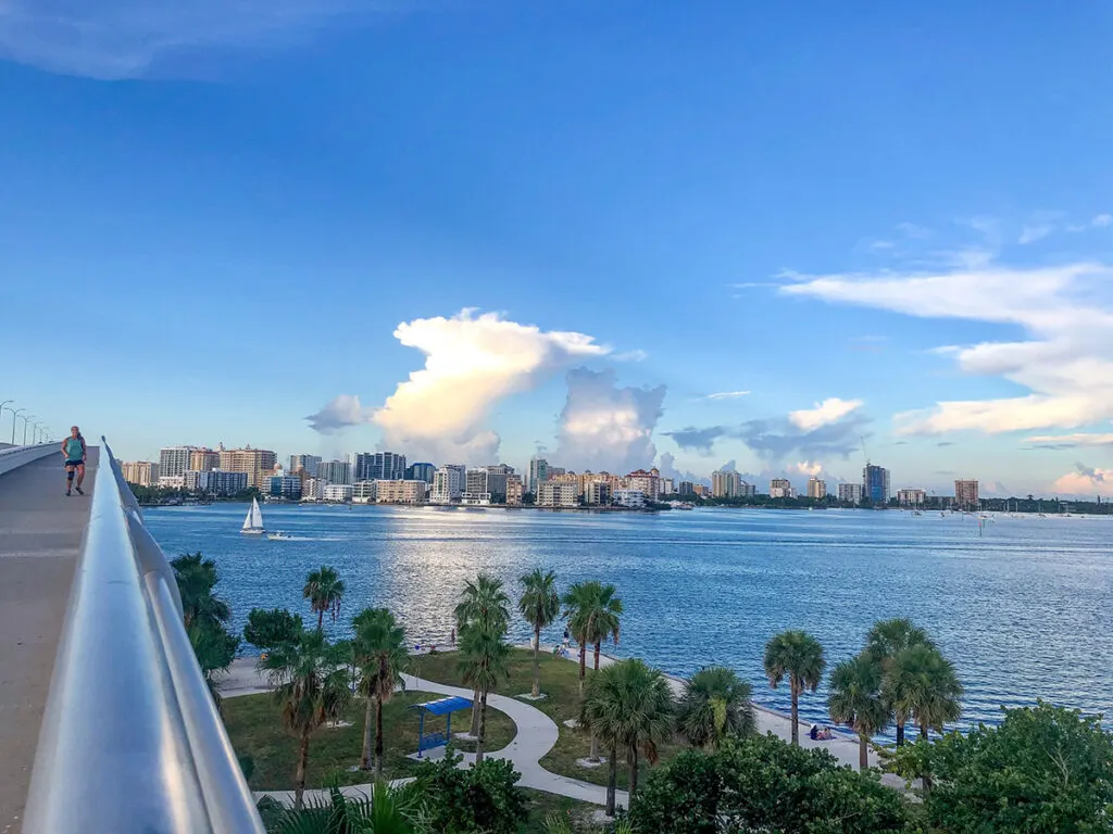 Running over Ringling Bridge toward downtown Sarasota