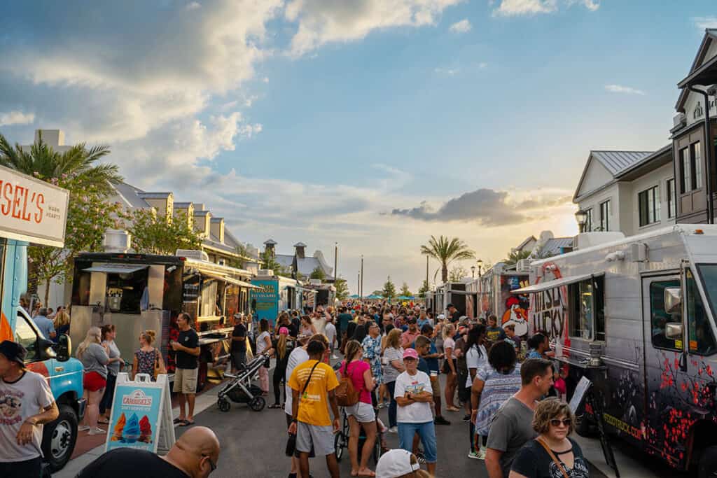 Crowd and food trucks at Waterside Ranch nights, Sarasota