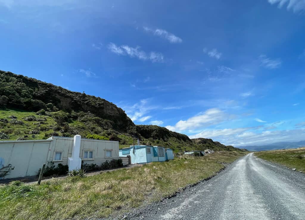 beach houses at the bottom of the cliff on Palliser Bay