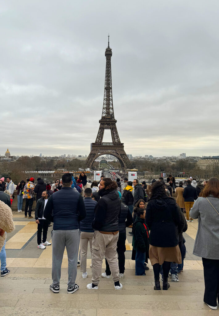 Crowds looking at Eiffel Tower on Christmas Day