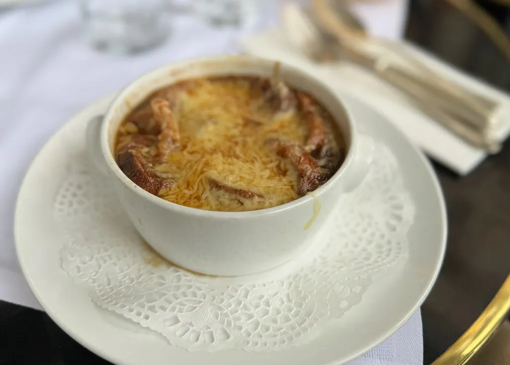 bowl of French onion soup with cheesy top