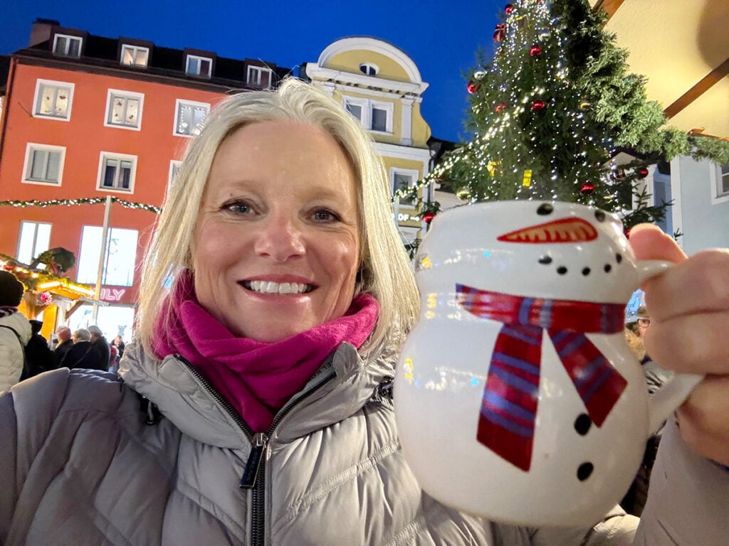 Rugged up at the Christmas Market with my snowman mug of mulled wine